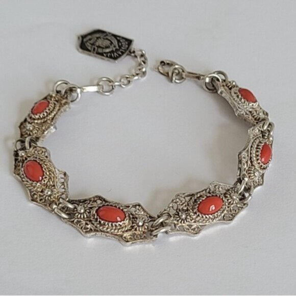 Vintage Antique Boho Sterling Silver Red Coral Cabochon Filigree Chain Bracelet - Picture 2 of 15
